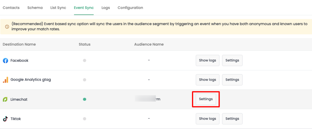 Limechat event sync setting for the audience segments