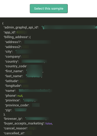 sample data view of how a user's data is stored