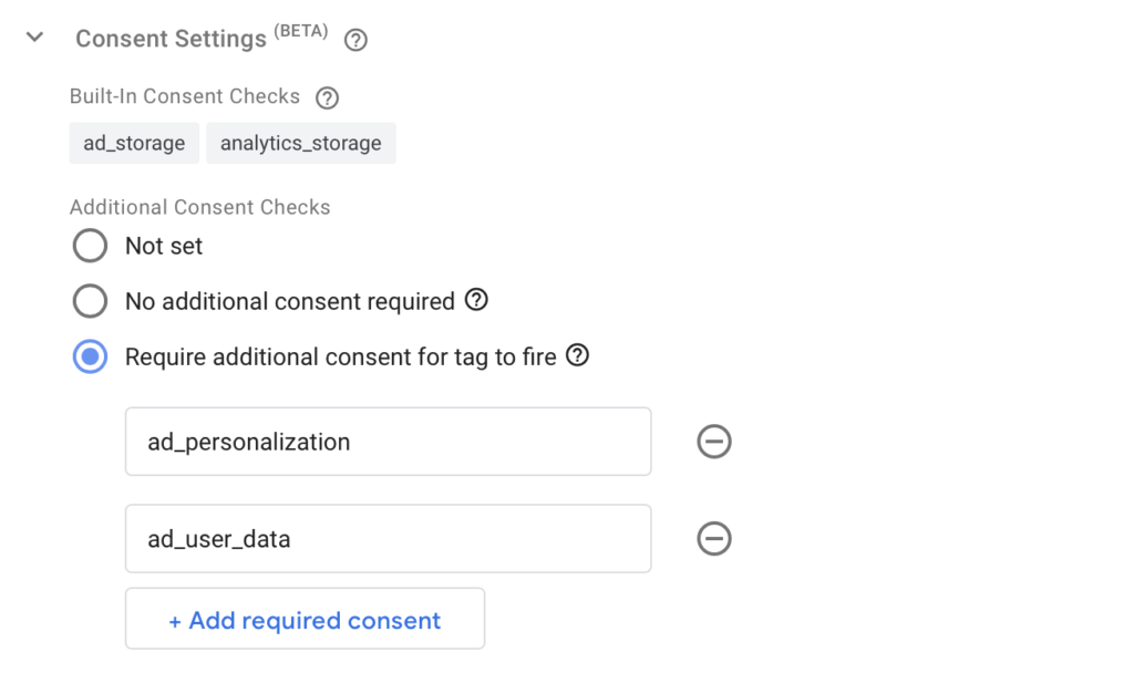 The image is a screenshot from the Google tag manager that shows the consent settings in the advanced settings