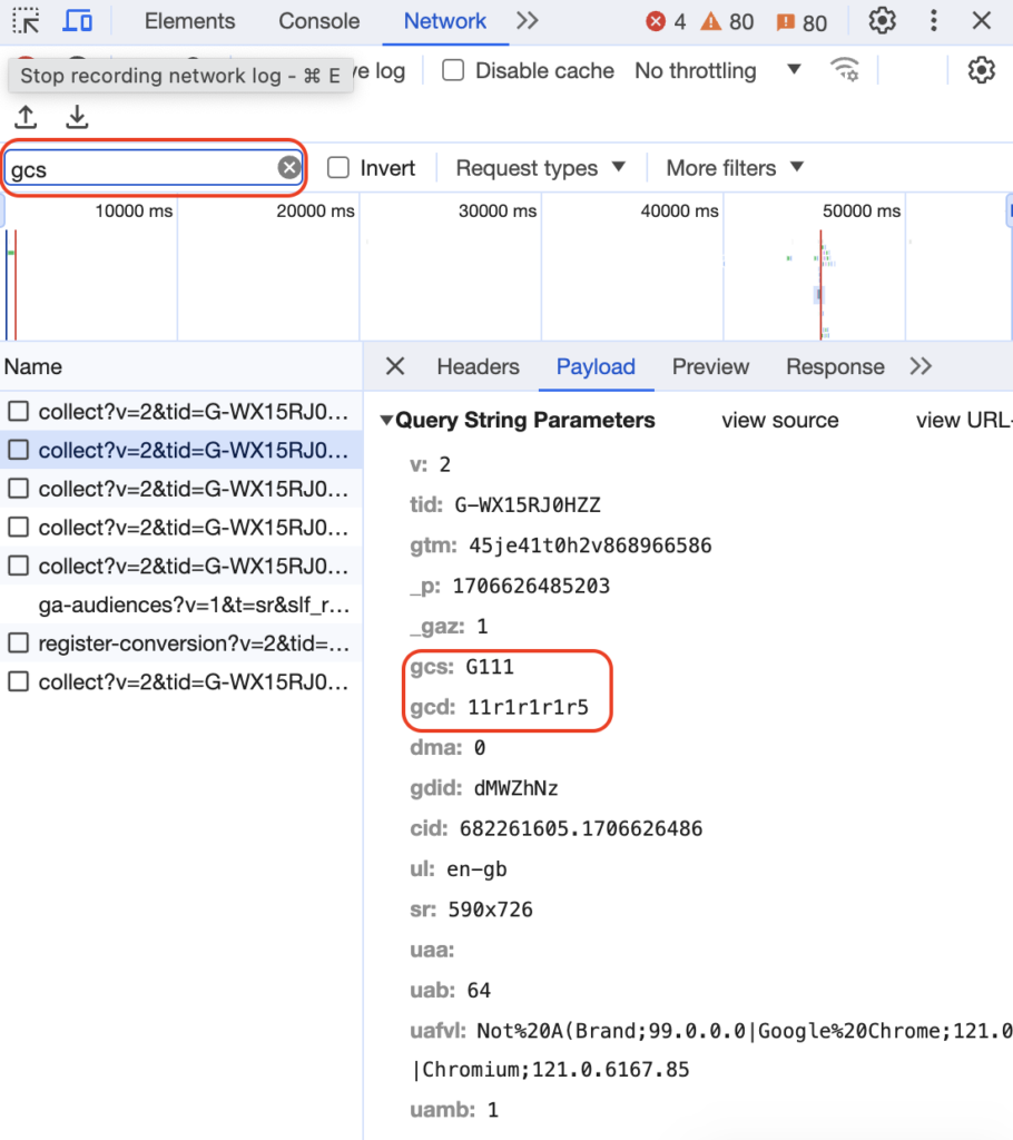 The image is a screenshot of payload of a network in the website that shows gcs and gcd