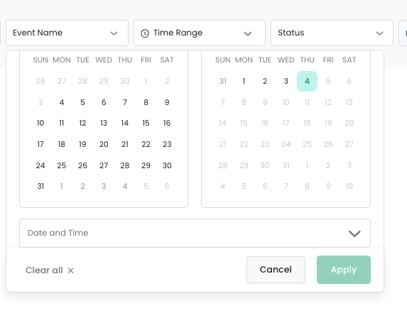Date range selection calendar for destination logs inside CustomerLabs App
