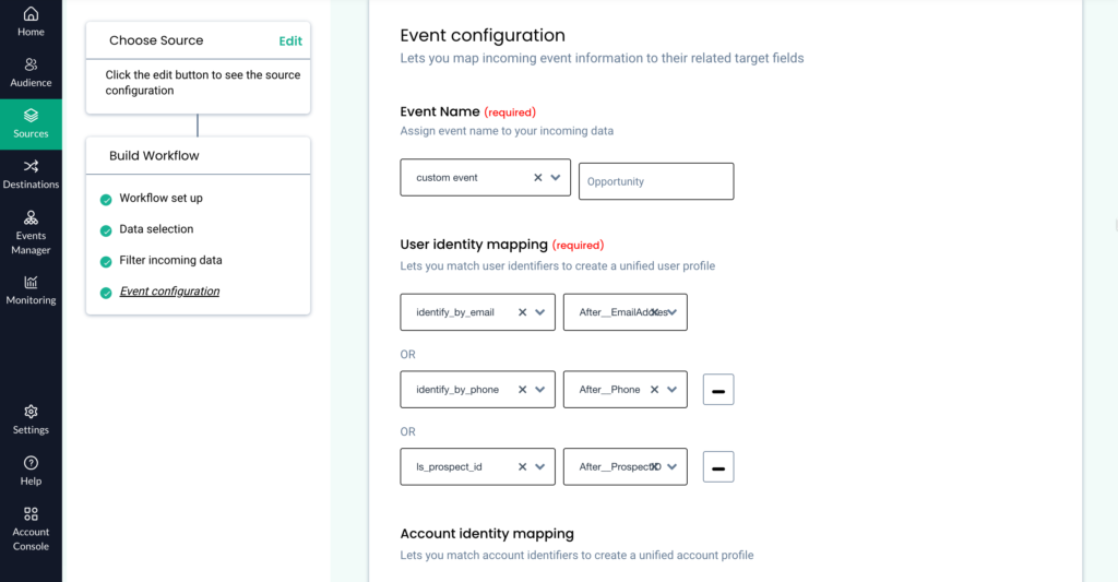 This screenshot shows how to configure a event using CustomerLabs CDP