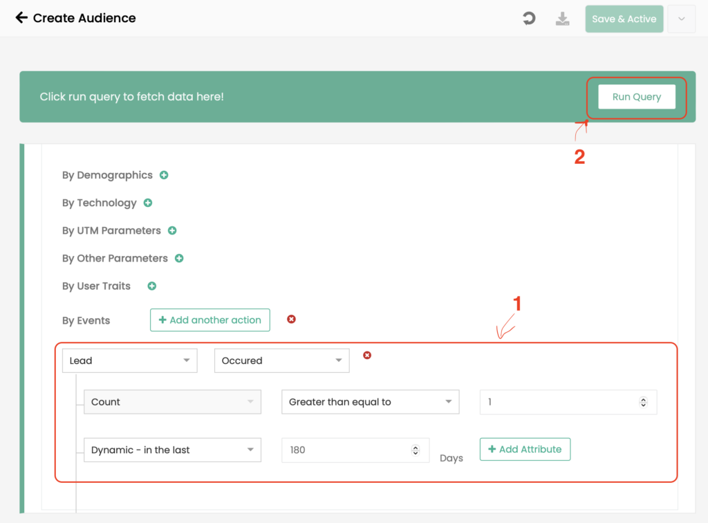 This screenshot shows how to create audience using CustomerLabs CDP