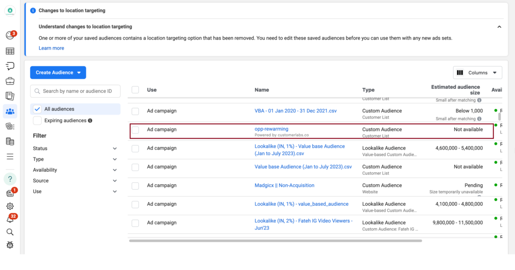 This screenshot shows how CustomerLabs first party audience are populated in Facebook audience dashboard