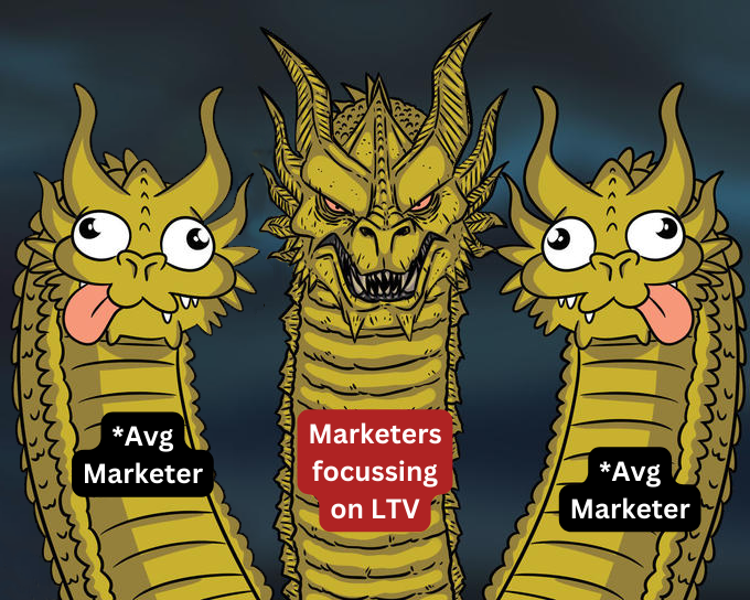 the 3-dragon meme showing average marketers on the side and the marketers focussing on LTV as the most powerful dragon with a serious face.

Customer Lifetime value is important and the image shows how the good marketers focus also on LTV and average marketers do not.