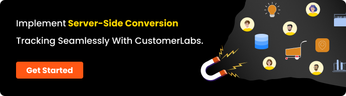 CTA with the text implement server-side conversion tracking seamlessly for both your website and offline with CustomerLabs CDP - Get Started. Infographic showing a magnet attracting conversions on the server-side