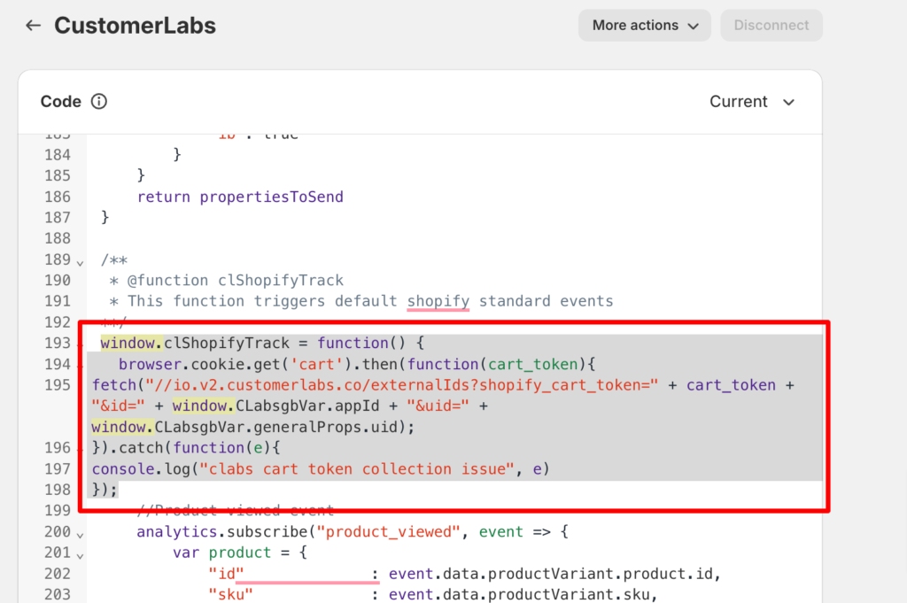 CustomerLabs CDP code that shows tracking the events in Shopify.