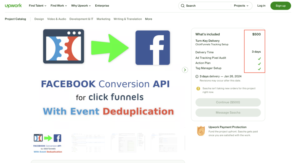 The image is a screenshot from UpWork where a person shows he can setup Facebook Conversions API for Clickfunnels along with event deduplication