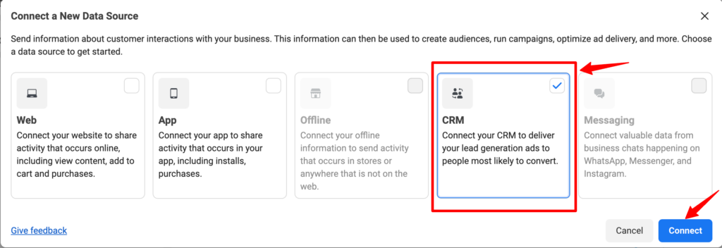 Meta Ads interface showing CRM under connect a new data source, launching the feature Meta CRM Pixel