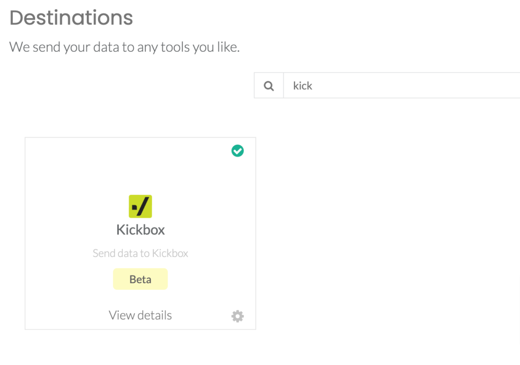 The screenshot shows Kickbox integration in the destinations page of CustomerLabs CDP app