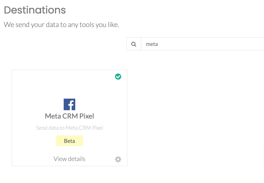 CustomerLabs CDP product showing Meta CRM pixel in the destinations