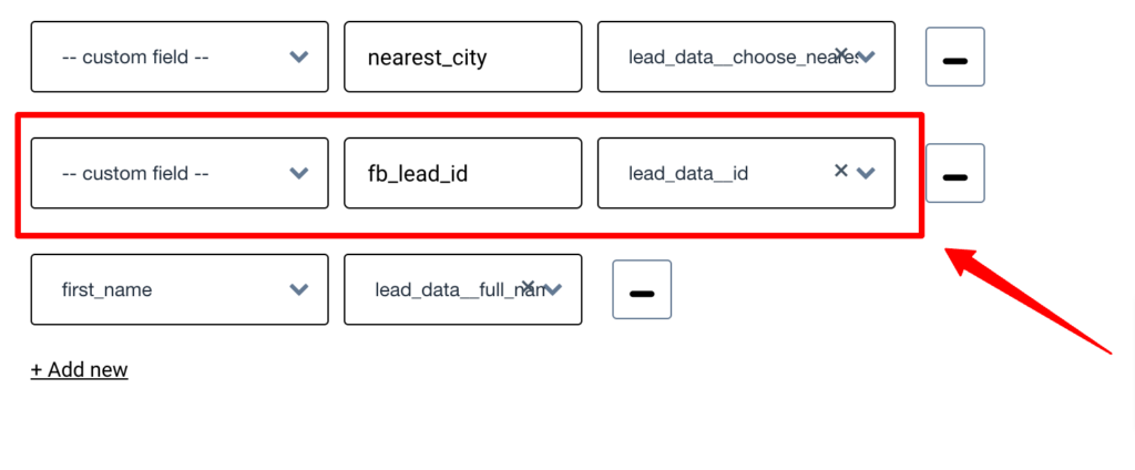 The screenshot shows the lead_data_id mapped to fb_lead_id for the Meta CRM pixel in CustomerLabs First Party Data CDP 