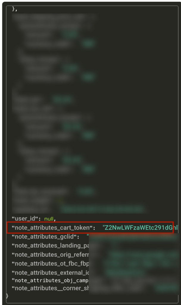 Raw data highlighting the cart token attributes