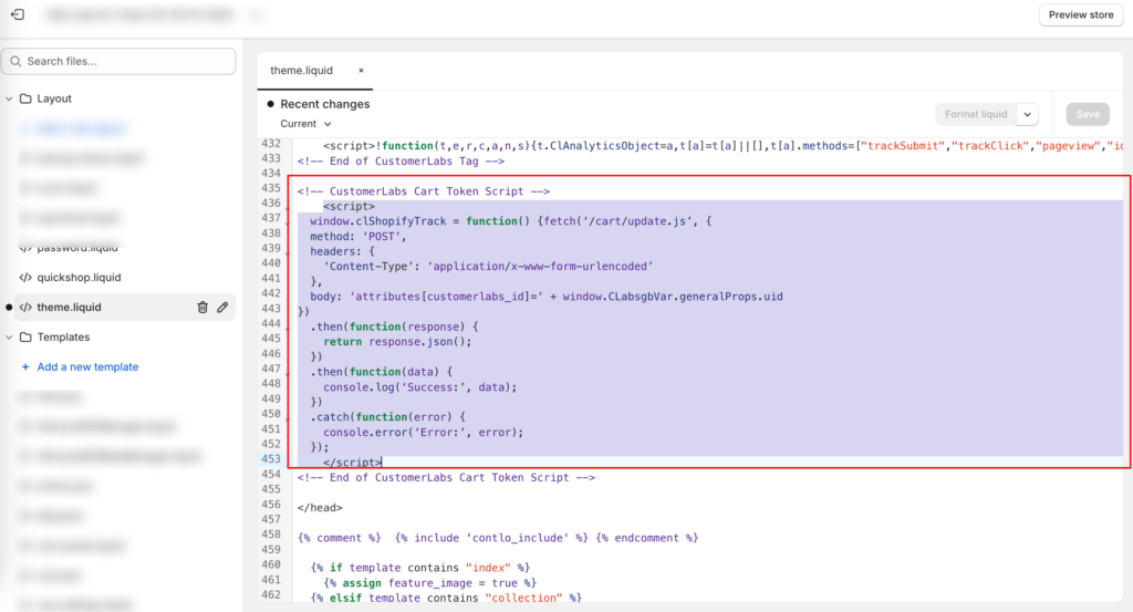Shopify theme.liquid code edited to insert CustomerLabs CDP tracking code. 