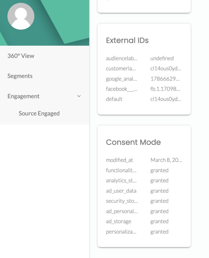 The image shows a 360-degree profile of a user inside customerlabs CDP with entire customer journey and the external IDs such as google analytics ID, Facebook ID, and all other consent parameters such as ad_user_data ad_personalization ad_storage analytics_storage and more.