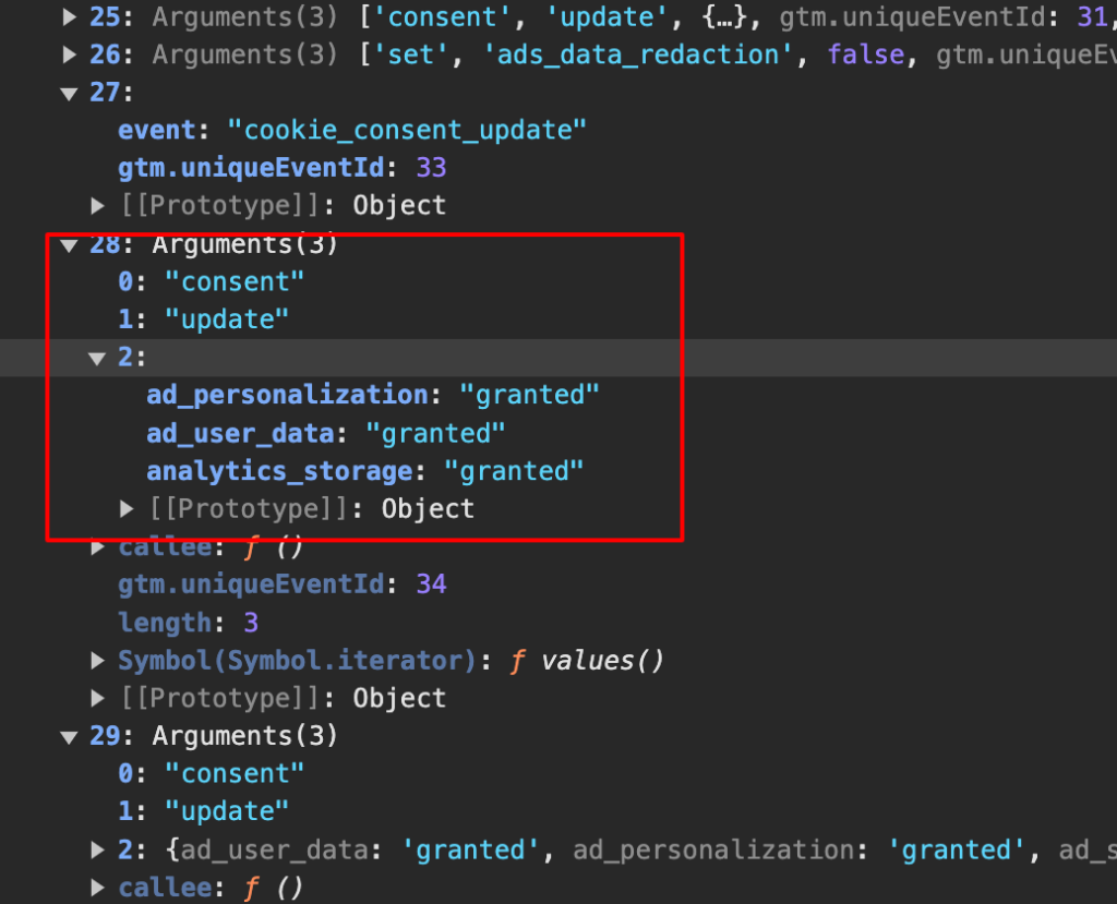 Google Consent Mode v2 parameters ad_personalization granted, ad_user_data granted, analytics_storage granted