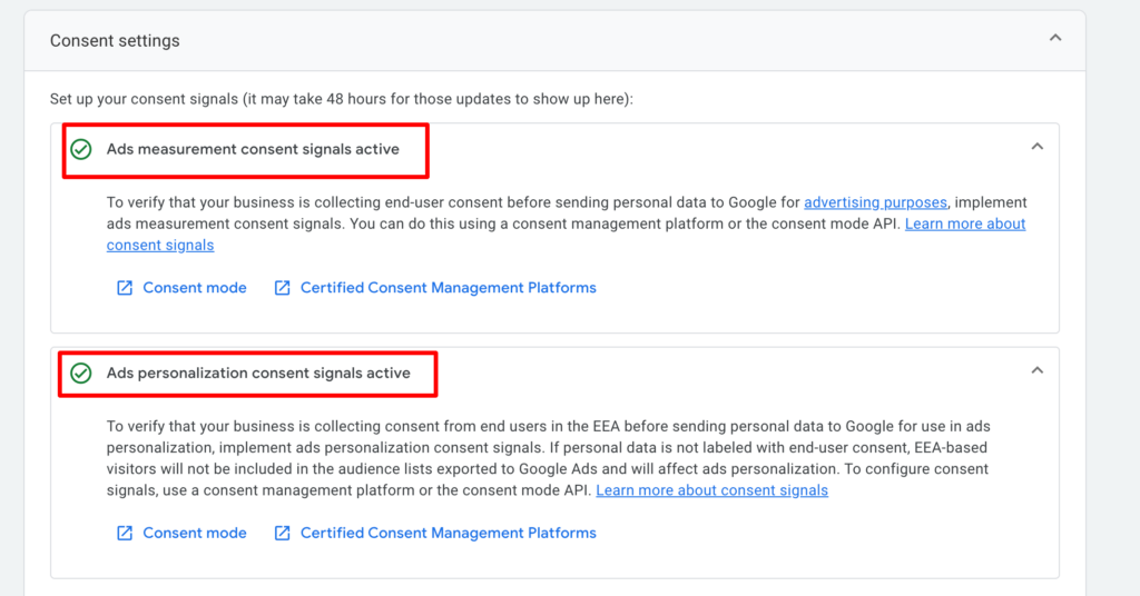 Ads Measurement consent signals active in GA4 after integration with CustomerLabs CDP

Ads personalization consent signals active after customerlabs cdp integration with GA4