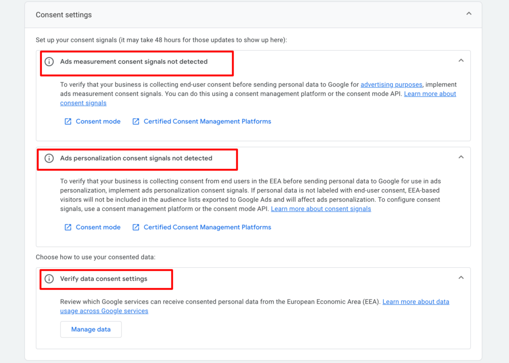 Google Analytics GA4 settings in data streams showing consent settings of ad measurement consent signals, ads personalization consent signals and verify data consent settings