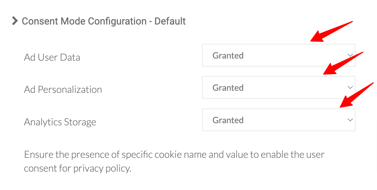 This image shows the Consent Mode Configuration - Default on button