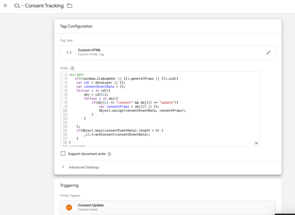 Google Tag Manager showing consent mode v2 code to trigger CL consent tracking.