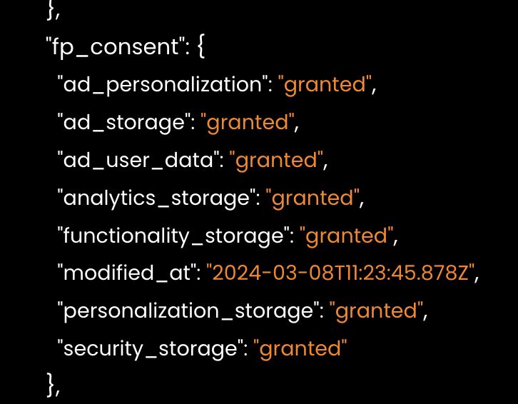 The raw code inside CustomerLabs showing Consent mode v2 parameters. fp_consent - first party consent with parameters ad_personalization; ad_storage ; ad_user_data ; analytics_storage ; functionality_storage ; personalization_storage ; security_storage granted status