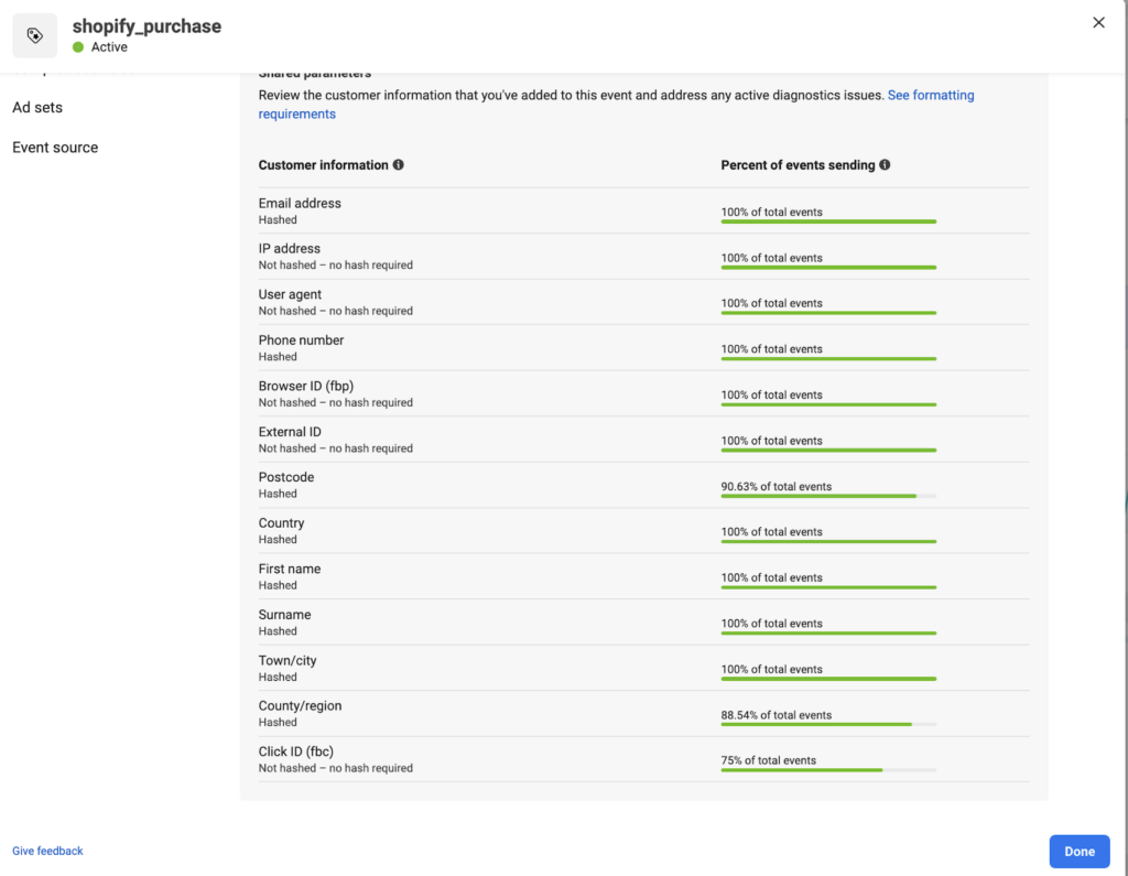 Screenshot of event match quality inside the Meta events manager showing all the customer parameters sent through CustomerLabs CDP It shows that majority of the events have fbc and fbp parameter