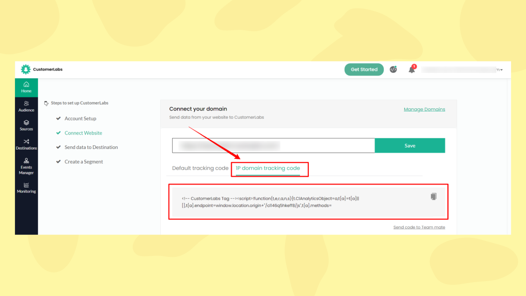 screen on1P Domain tracking code inside customerlabs