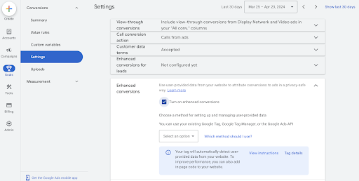 A screenshot from the Google Ad interface to enable Enhanced conversions