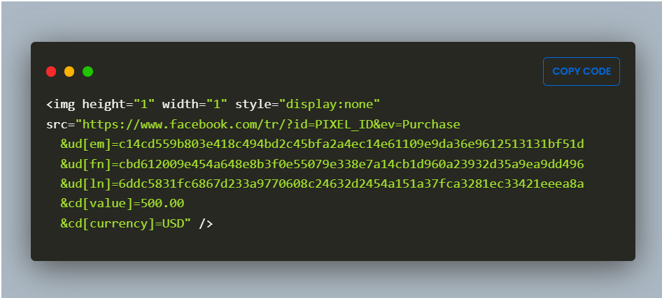 Image showing how to use IMG tag in website code to hash the data before sending it to Meta.