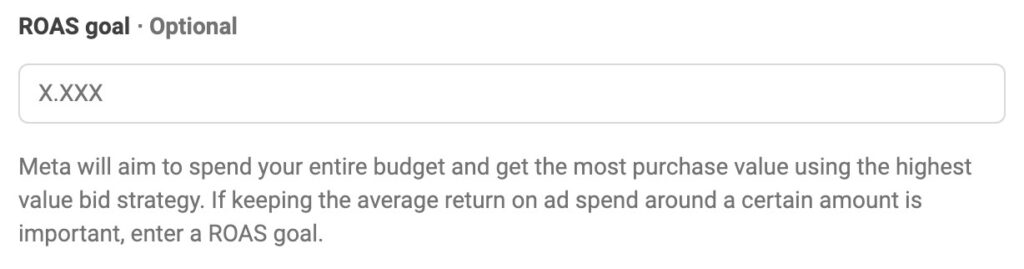 Screenshot of advantage shopping campaigns settings to set minimum ROAS goal.