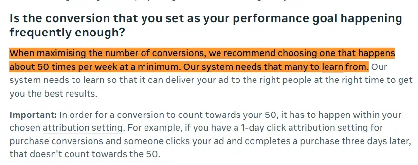 The image is a screenshot from the official doc of meta where it recommends choosing a conversion that happens about 50 times per week at minimum because it has to learn