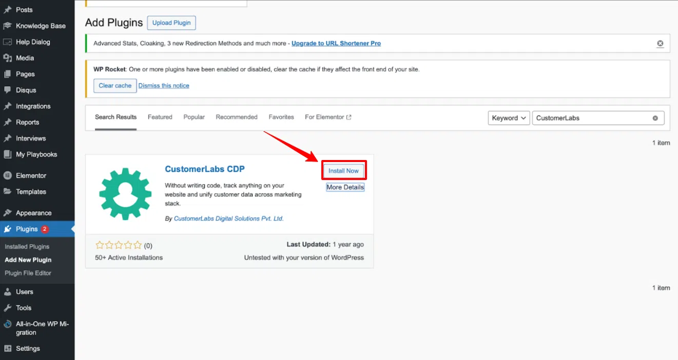 The image shows Search for the CustomerLabs WooCommerce plugin and click on install.