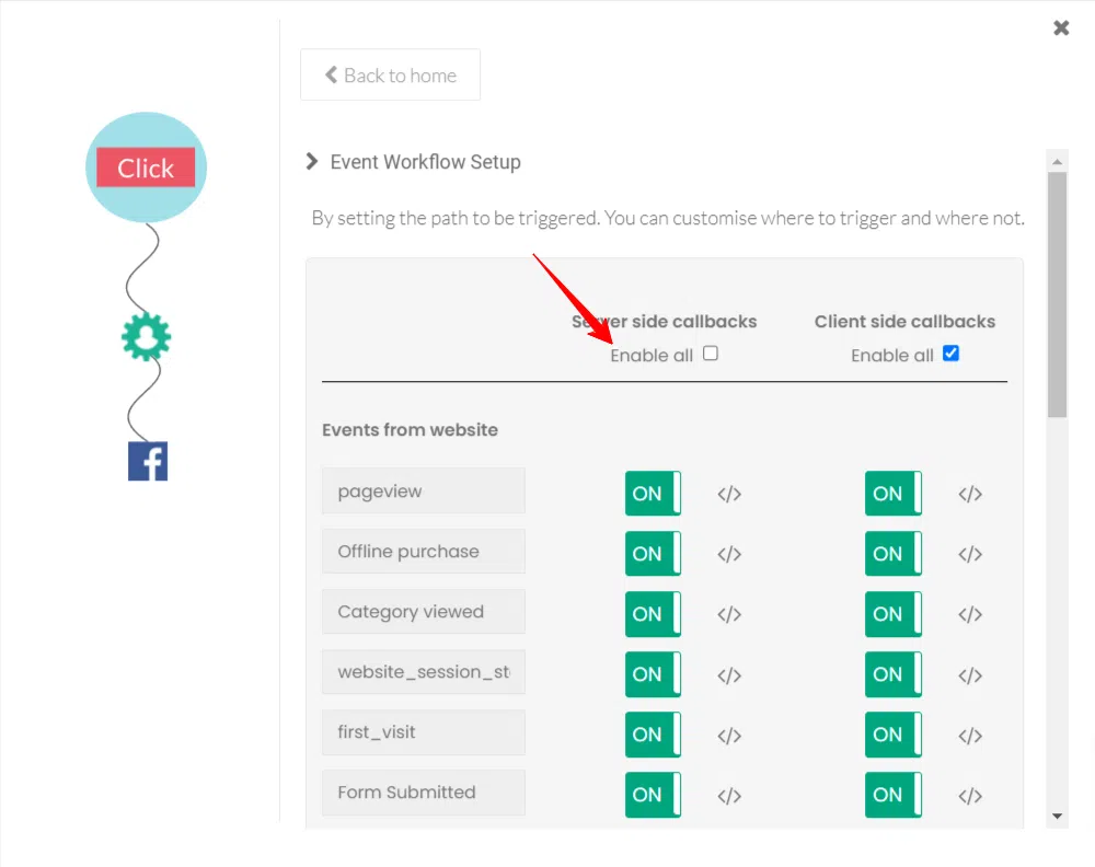 Image shows the toggle option to enable server side events