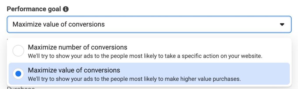Screenshot of advantage shopping campaigns settings to maximize value of conversions as Meta ASC best practice.
