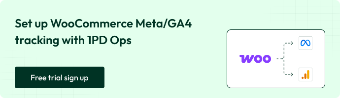 How to Track WooCommerce Add to Cart Events in Google and Meta (Step-by-Stepย Guide) 18 Banner showing WooCommerce connected to Meta and Google Analytics via first-party data operations.
Includes a Free trial sign up button and platform icons.