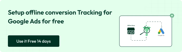 This is a banner image with a text which says setup offline conversion tracking for google ads for free - use it free for 14 days