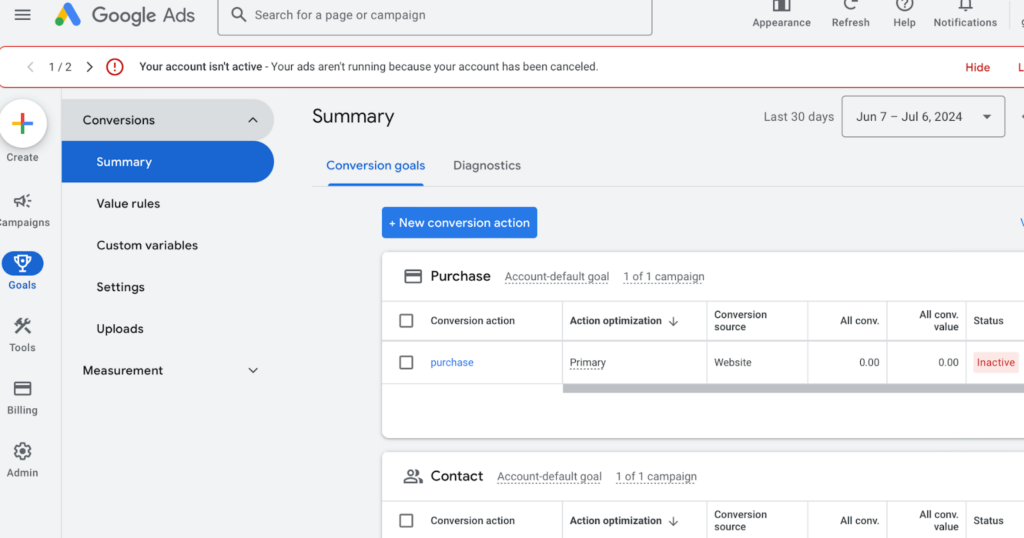 Set up new conversion action in Google ads