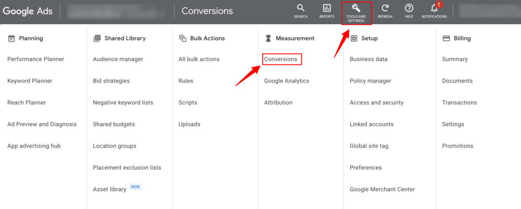 Google Ads Tools and Settings menu with multiple columns of options.
A red arrow highlights the “Conversions” option under the Measurement section.