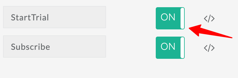 CustomerLabs event list showing StartTrial and Subscribe events with toggles to enable or disable them.
A red arrow points to the ON toggle switch.