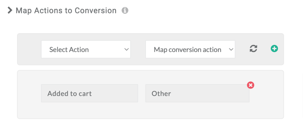 CustomerLabs interface showing the “Map Actions to Conversion” section with dropdowns to select an action and map it to a conversion.
A mapped pair displays “Added to cart” linked to “Other,” with a red delete icon.
