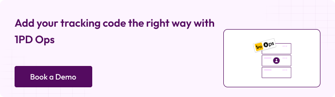 How to Add Conversion Tracking Code to WooCommerce Thank You Page 1 Banner highlighting the 1PD Ops solution for adding tracking code correctly, with a โBook a Demoโ button. Includes an illustration of a tracking setup flow.