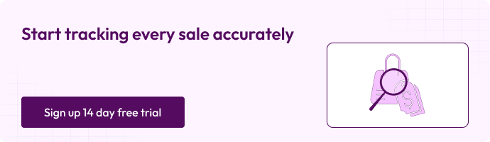 How to Add Conversion Tracking Code to WooCommerce Thank You Page 3 Visual promoting accurate sale tracking with a โSign up 14 day free trialโ CTA. Shows a magnifying glass inspecting a shopping bag icon.
