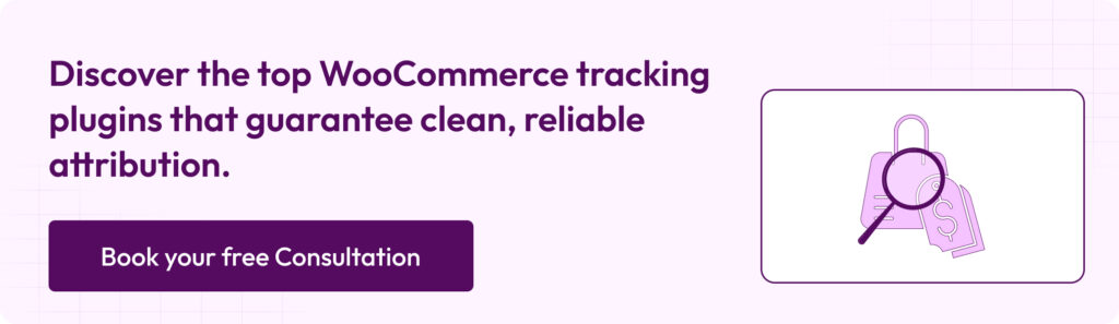 The Best 5 WooCommerce Conversion Tracking Plugins for Accurate Attribution 6 Banner highlighting clean, reliable attribution with WooCommerce tracking plugins, featuring a shopping bag and price tag illustration under a magnifying glass.