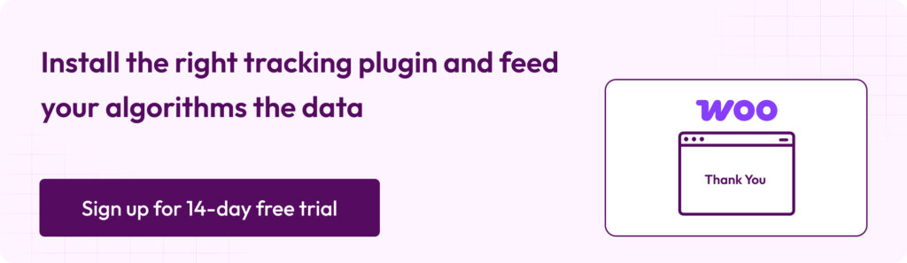 The Best 5 WooCommerce Conversion Tracking Plugins for Accurate Attribution 4 Banner encouraging users to install the right tracking plugin to feed accurate data to algorithms, with a WooCommerce โThank Youโ page illustration on the right.