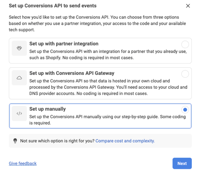 This image shows the saet up conversion API to send events