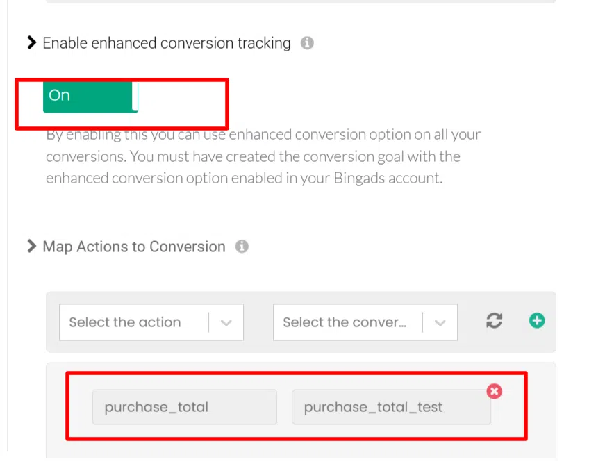 How to Setup Bing Ads Conversion Tracking for WooCommerceย 16 this image repreasent the enable enhanced conversion tracking on switch and the map activities to conversion