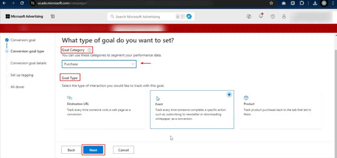 How to Setup Bing Ads Conversion Tracking for WooCommerceย 11 This image explains the what type of goals do you want to set?