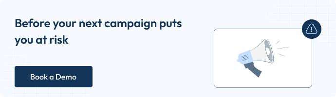 Before your next campaign puts you at risk' with a 'Book a Demo' button and an illustration of a Mega phone with small warning indication icon in a top.