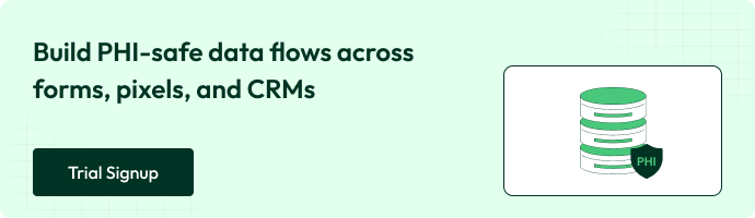 Build PHI-safe data flows across forms, pixels, and CRMs' with a 'Trial Signup' button and an illustration of a data server stack with a PHI shield icon.