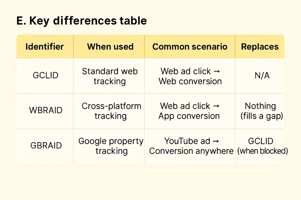 This image explains the key difference between WBRAID, GBRAID, and GCLID in 3 tables differences including when used, what are common scenarios, and replacements.